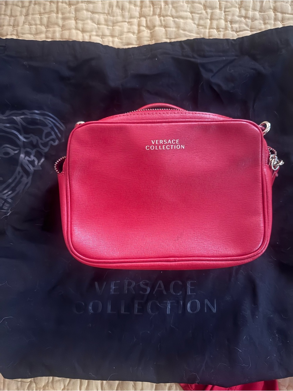 Versace Collection Red Textured Leather Crossbody Bag